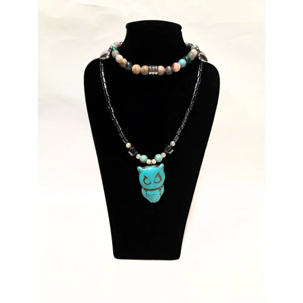Owl Pendant Beaded Necklace & Matching Stretch Bracelet Set Black Turquoise Tone